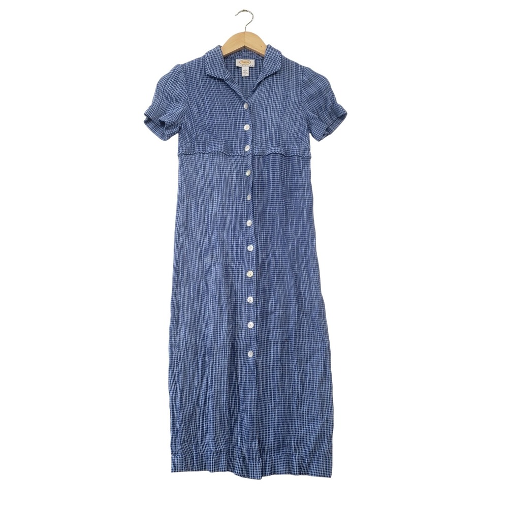 Talbots Petites Dress 2 Blue Gingham Seersucker Button Down Midi Vintage 90s USA
